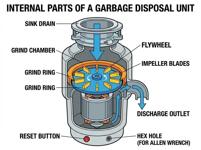 garbage disposal parts diagram showing internal components and reset button