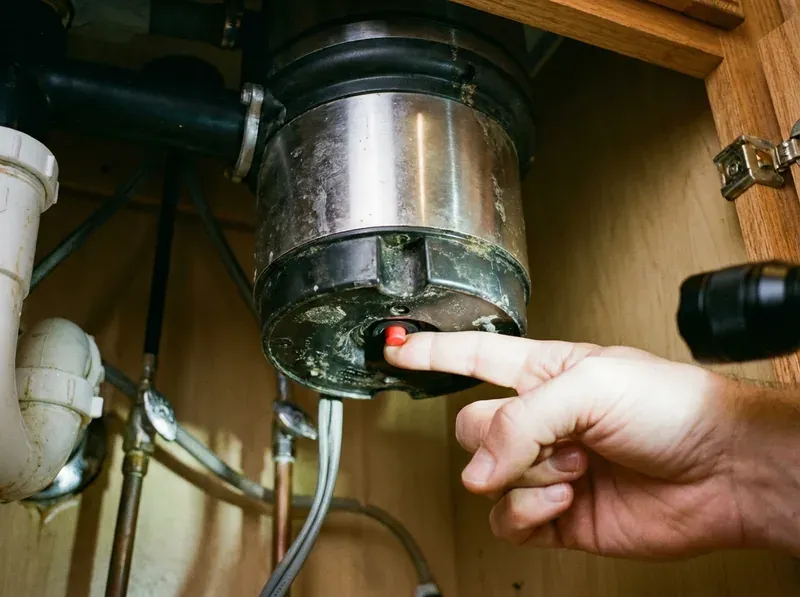 finger pressing red reset button on bottom of garbage disposal unit