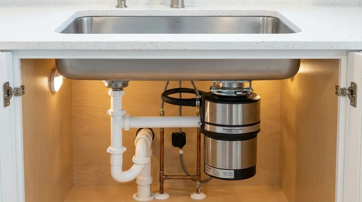 garbage disposal unit installed under kitchen sink with plumbing connections