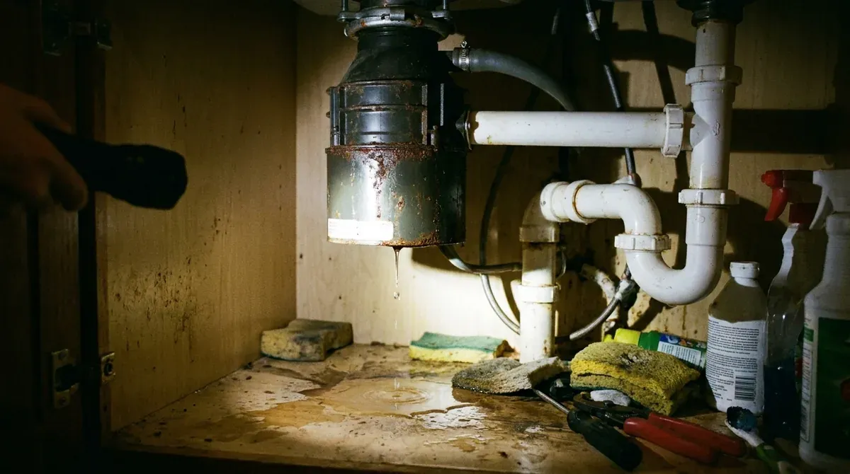 under-sink double basin drainage setup with garbage disposal and shared P-trap